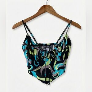 Urban Outfitters Abstract Swirl Print Crop Top Cami Small Y2K Ruched Tie Front